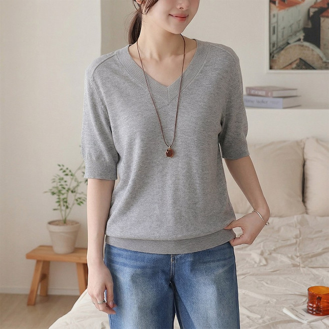 데일리앤 스카이 시원한 여름 무지 브이넥 쿨 반팔 니트 티셔츠 여리핏