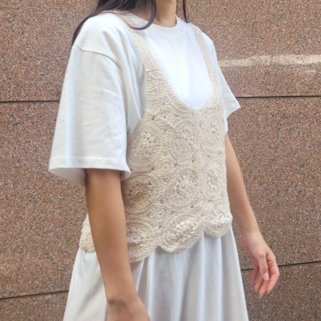 스타일원 당일배송 자수 조끼 손 뜨개 레이스 레이어드 조끼민소매 크로쉐 베스트 뷔스티에