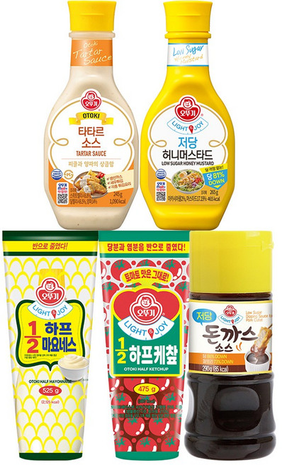 오뚜기 소스 5개 세트(하프마요네스 525g+하프케찹 475g+저당 허니머스타드 265g+저당 돈까스소스 290g+타타르소스 245g), 1세트, 1.8kg