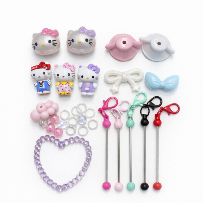 고양이 비즈 키링 만들기 5개 세트 키꾸 DIY, 1세트, 혼합