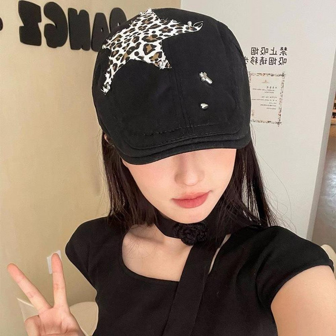Tata hatshop 復古豹紋貝雷帽, 豹紋五角星前進帽 黑色, 1個