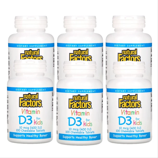내추럴팩터스 아기용 비타민 D3 딸기맛 400IU 100츄어블정 X 6통 키즈 비타민D3, 100정 - 쿠팡
