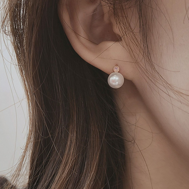 초콜리트쥬얼리 여성용 미니클래식 8mm 진주 로즈골드 큐빅 은침 원터치 귀걸이