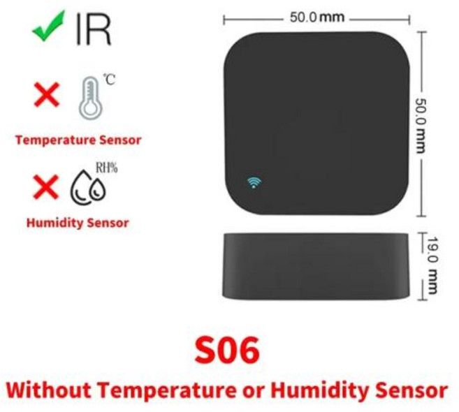 블루투스 원격 제어 리모컨 TV 스틱 스마트폰 휴대폰 리모컨 스마트 와이파이 IR 블래스터 에어컨 알렉사 구글 홈 링크 투야와 호환, 1개, [02] T-H 센서 없음, S06