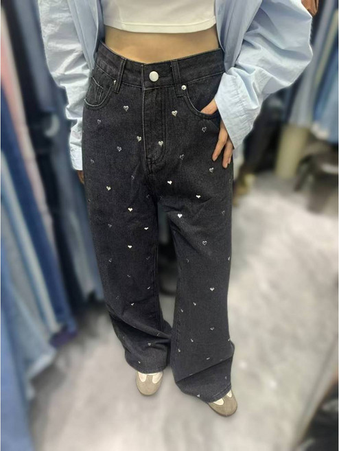 KS 韓國高腰愛心圖案直筒牛仔闊腿褲