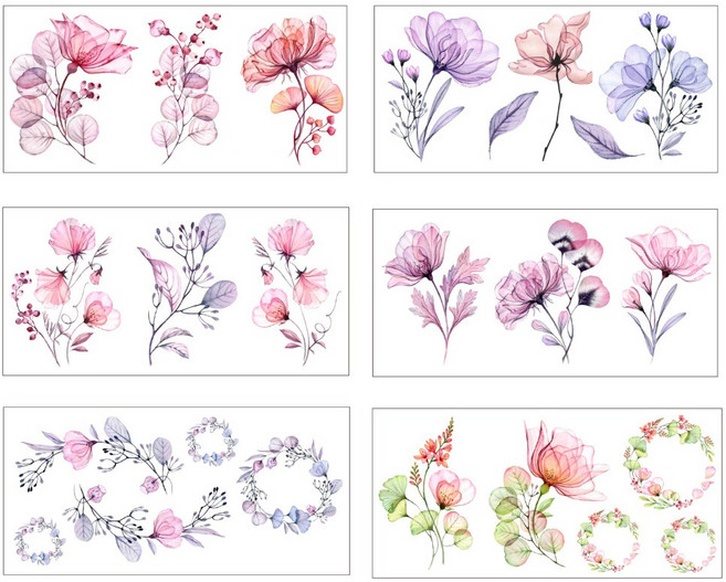 연예인 감성 플라워 타투 6.8 x 14cm 스티커 방수 일회용 문신 페스티벌 인스타 문신, 6개, 플라워타투스케치