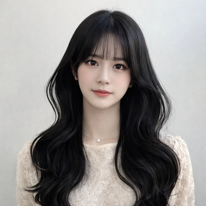 모람 긴머리 웨이브 헤어 스타일 자연스러운 여성 통가발 가발망 포함, 내추럴 블랙, 1개