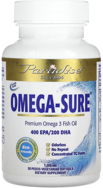 Paradise Herbs Omega Sure 오메가3 농축물 1000mg 페스코 베지 소프트젤 30정, 1개 - 쿠팡