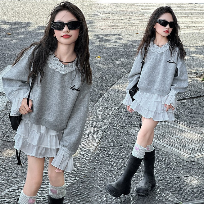 해피유통 귀여운 레이스 칼라 맨투맨과 레이어드 스커트 스타일리시한 캐주얼 세트 디자인14세 이상