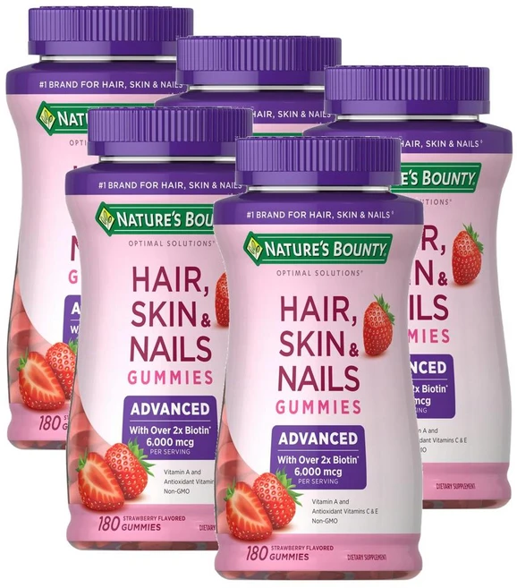네이처스 바운티 헤어스킨네일 구미 어드밴스드 비오틴 6000mcg 딸기맛 Nature's Bounty Hair Skin Nails Advanced Gummies, 180정, 5개 - 쿠팡