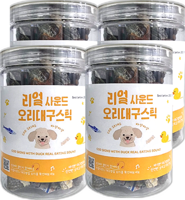 강아지간식 리얼사운드 대구스틱 닭고기맛 오리맛 연어맛 ASMR간식, 120g, 오리, 4개
