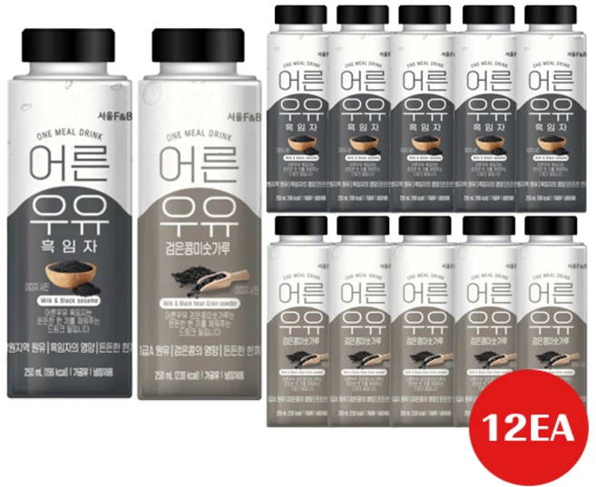 서울에프엔비 어른우유250ml 흑임자6+검은콩미숫가루6 (총12개입)/든든한 한끼, 250ml - 쿠팡
