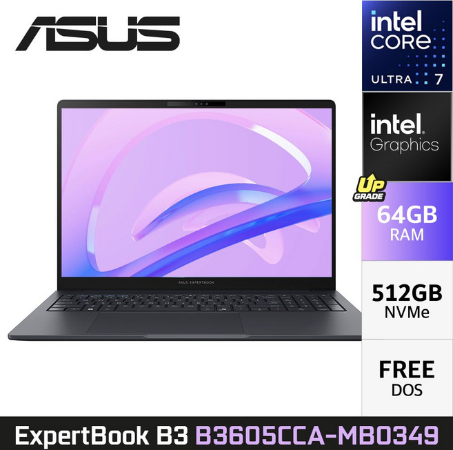 ASUS ExpertBook B3 B3605CCA-MB0349 Ultra7 16인치 노트북, Free DOS, 64GB, 512GB, 그레이