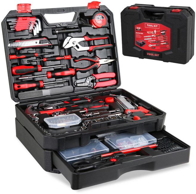 가정용 포터블 공구세트 소형 다용도 수리 공구박스 세트 만능 수공구함 박스 다중규격 서랍이 있어 수납이 용이하며, 1개, 510PCS-빨간색