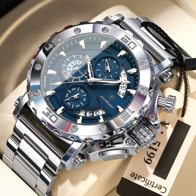 남성 패션 6핸드 쿼츠 금속 손목 시계 야광 다기능 기계식 시계(고급 레트로 패션 고품질)