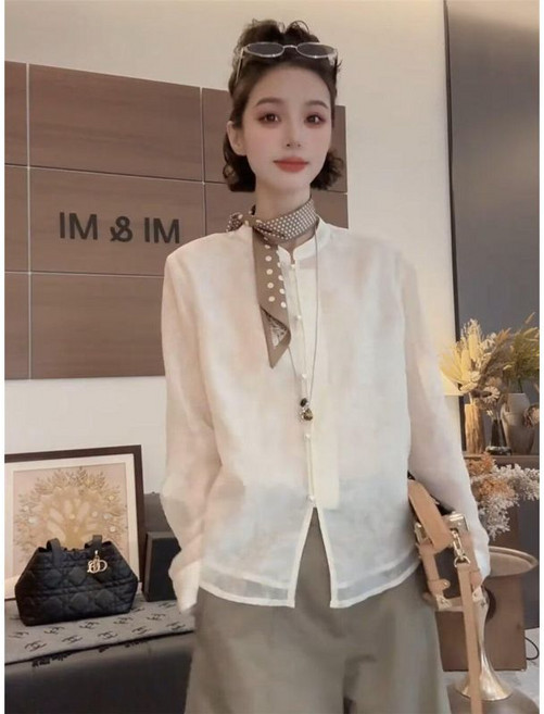 新中式立領提花長袖襯衫女