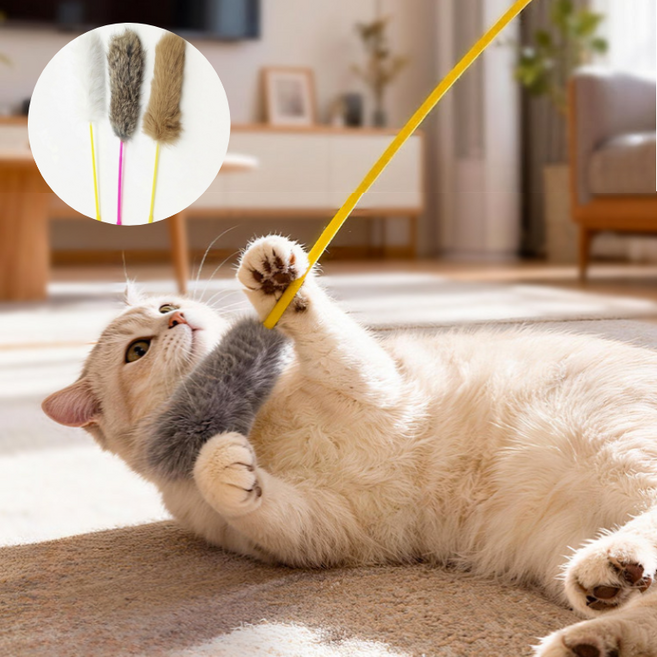 테일즈락 고양이 토끼털 오뎅꼬치 낚시대 장난감, 1세트, 혼합