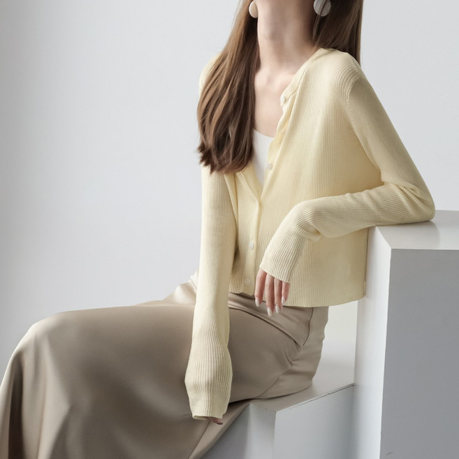 란징 텐셀 오픈 라운드 긴팔 니트 여 소프트 얇은 숏 가디건