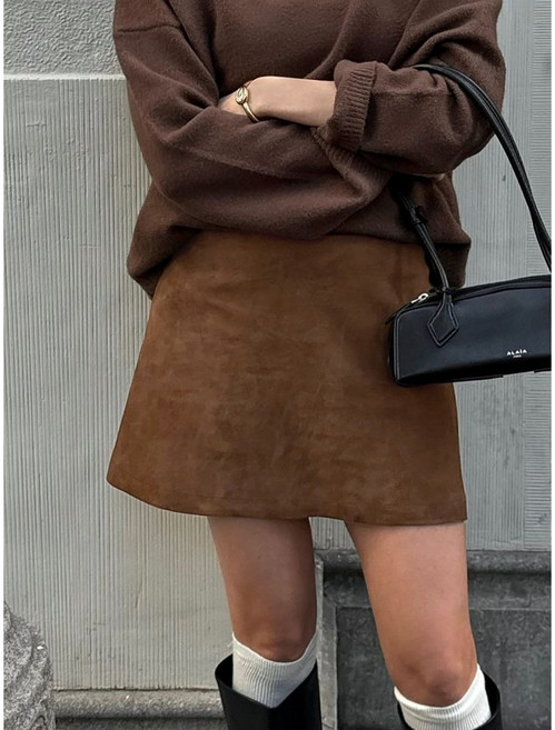 가을 겨울 여성 스웨이드 무스탕 슬림핏 플레어 숏 스커트 치마 모두코디