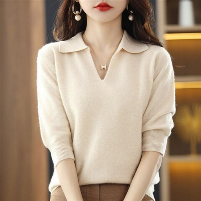 Makone 여성 솔리드 니트 티 브이넥 루즈핏 7부소매 티셔츠 패션 캐주얼 데일리 스웨터 심플