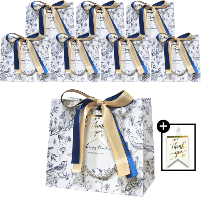 라네핏 플라워 패턴 리본 선물용 포장용 고급형 종이 쇼핑백, 8개, 블루
