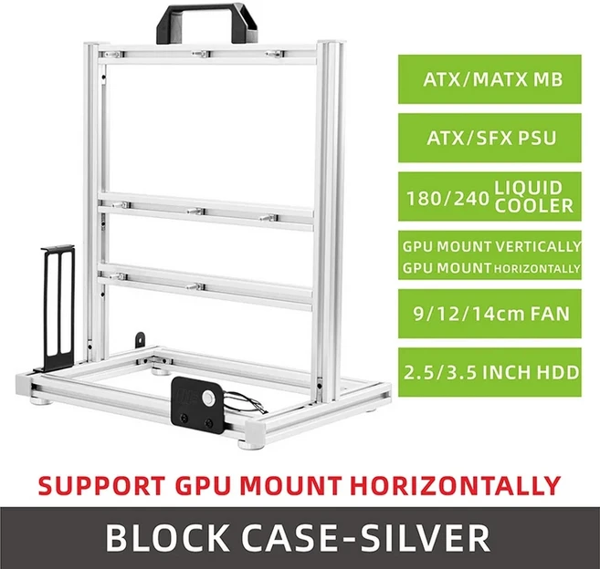 METALFISH BlockCase 알루미늄 오픈 프레임 케이스 지원 ATX/M-ATX 메인보드 GPU 수평 장착 240 워터 쿨러
