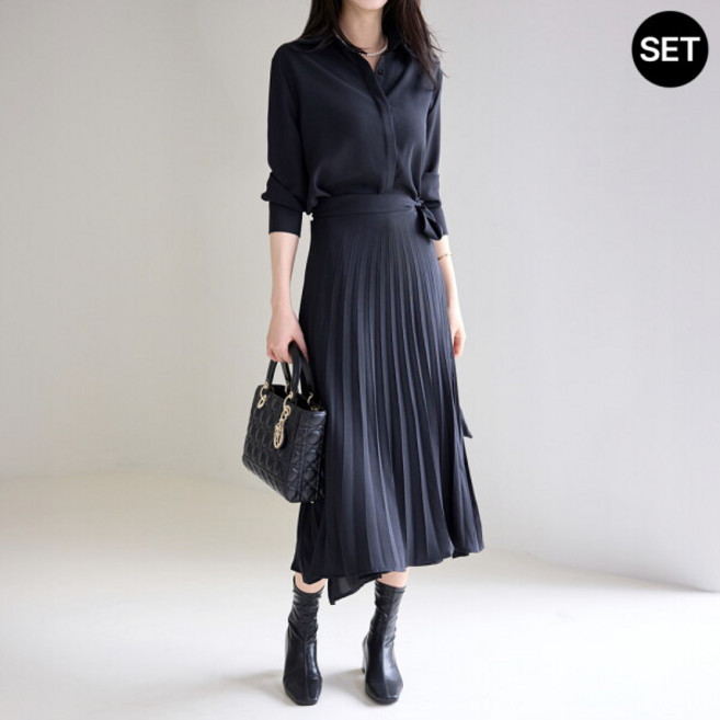[모리스커밍홈] 블라우스 + 플리츠 랩스커트 셋업_M2509SE055C