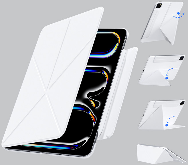 AITEWO 아이패드 케이스 삼각형거치모드 네 가지 각도조절 마그네틱 펜슬수납 미니 에어4/5/6/7 프로7/6/5/4/3/2세대 10.9/11/12.9/13인친 M2 M3 M4, 화이트