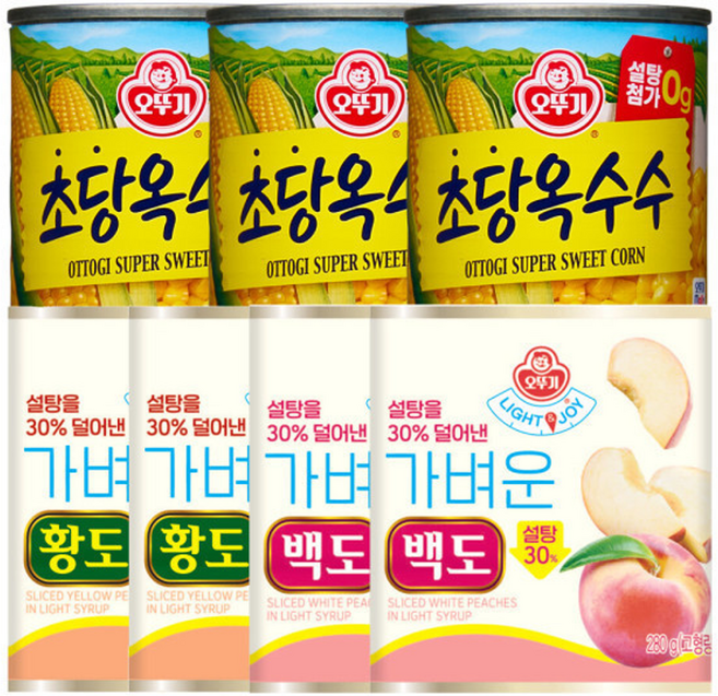 오뚜기 LIGHTJOY 가벼운 황도 280G 2개 + 가벼운 백도 280G 2개 + 초당옥수수캔 340G 3개 총7개, 4개