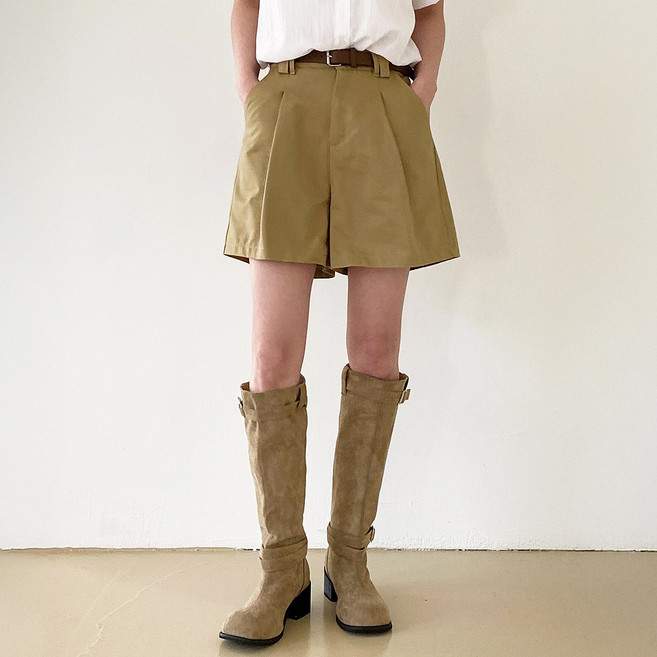 잇진 여성 벨트 세트 A라인 핀턱 4부 버뮤다 팬츠 반바지