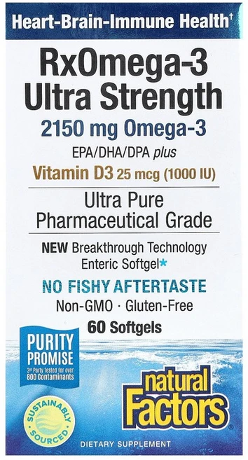 Natural Factors Rx오메가-3 울트라 스트렝스 비타민D3 함유 소프트젤 60정 Factors (내추럴 팩터스), 1개 - 쿠팡