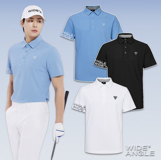 와이드앵글 남성 골프 카라티 여름 골프웨어 소매 로고 허니콤 폴로 티셔츠 WMM25234