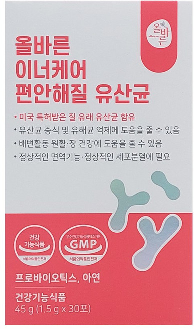 올바른 이너케어 편안해 질 유래 여성 유산균 장 케어 30포, 45g, 1박스