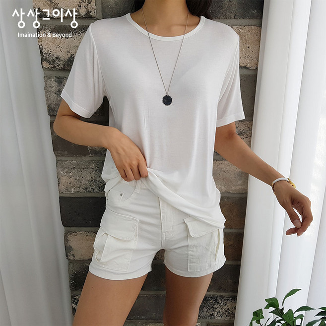 상상그이상 여성용 국내제작 레이온 랍바 라운드넥 반팔티셔츠 촉감왕 찰랑거리는 슬림핏 언발기장 신축성좋은 이너티셔츠 가볍게 입기 좋은 베이직 무지 티셔츠