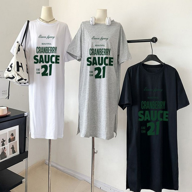 스타일아유 편안한 면 박스 롱티 루즈핏 반팔 레터링 프린트 미디 원피스 여성용 캐주얼 OP2136