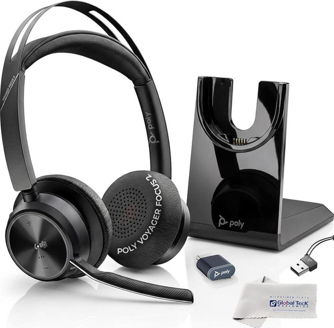 Plantronics Poly Voyager Focus 2 MS 무선 헤드폰 헤드셋 스탠드 포함 팀 전화 통화 줌 노이즈 캔슬링 무선 헤드셋 업무용 마이크 포함 오, 포커스 2-MS, 스탠드-USB A