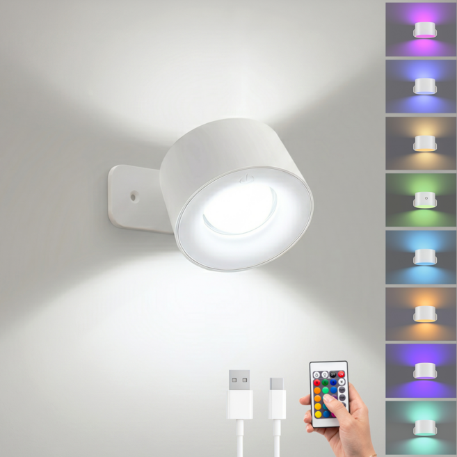 KEMEI 2 in 1 LED 무선 자석 부착형 벽등 충전식 색변환 무드등 대용량 배터리, 흰색