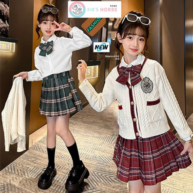 키즈목마 여아 상하복 치마세트 초등학생 주니어 스쿨룩 테니스복 가디건+치마+셔츠+넥타이 296