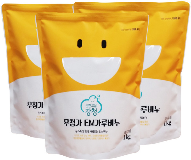 강청 무첨가EM세탁가루비누1kg X3개입 찬물전용 일반드럼겸용 녹색인증, 1kg