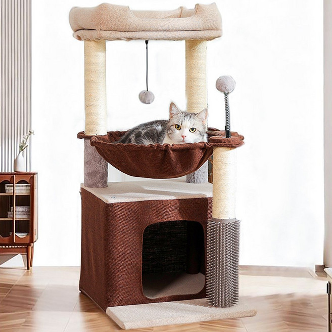SUNRUI 소형 해먹 캣타워 3단 고양이 숨숨집 스크래쳐 캣타워 침대형 미니 고양이집, 1개, 브라운 베이지 믹스
