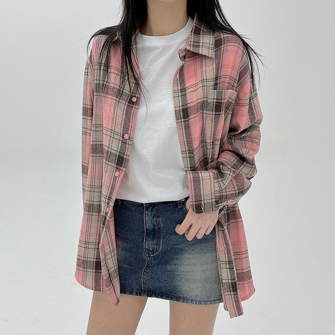 코모도 여성용 빅사이즈 남방 체크 셔츠 긴팔 블라우스 14컬러