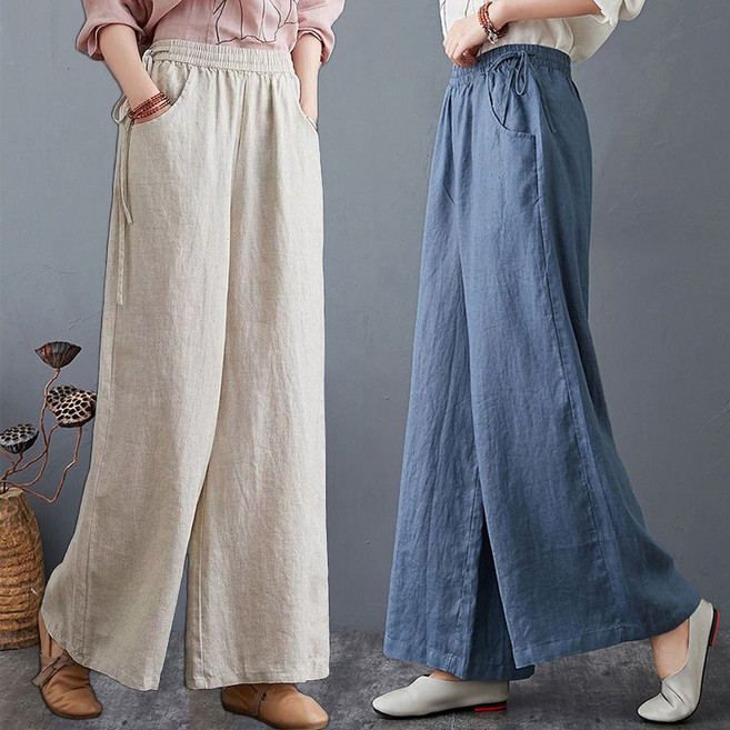 40대60대 여름 얇은 밴딩 와이드 팬츠 하이웨이스 면 마 팬츠 중년여성 캐주얼 슬랙스