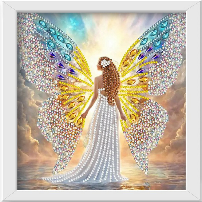 Craftsy 특별한 모양의 비즈 보석십자수 25 x 25 cm 캔버스형 [액자 보함] DIY 세트, 나비 날개 천사, 1세트
