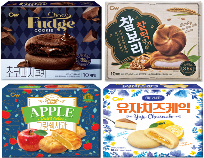 청우 찰보리찰떡쿠키200g+유자치즈케익190g+그랑쉘사과195g+초코퍼지쿠키165g(4종세트)