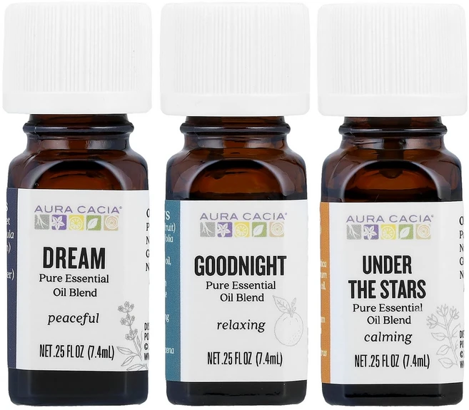 Aura Cacia 베드타임 키트 퓨어 에센셜 오일 혼합물 3병 각 7.4ml(0.25fl oz) Cacia (아우라 카시아) - 쿠팡