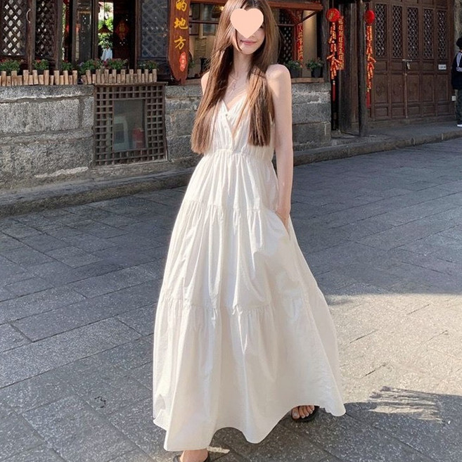 오브인 여신핏 스트랩 브이넥 롱 원피스 v0005