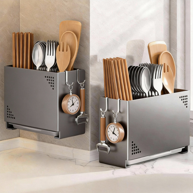 YOPENCE 주방 스텐 물빠짐 수저통 3구 수저정리함, 1개, 그레이