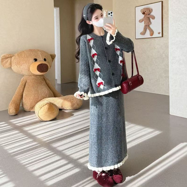 임산부 겨울 스커트 세트 가을 겨울 귀여운 루즈핏 가디건 + 롱 스커트 투피스 JS