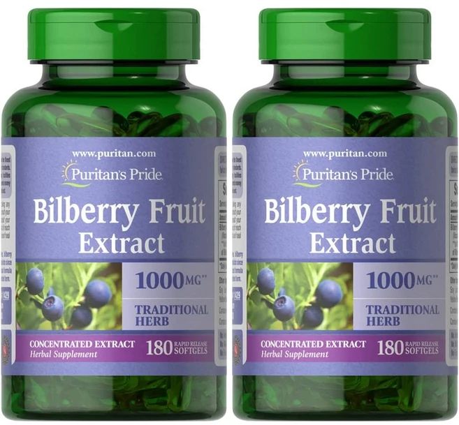 Puritans Pride Bilberry 1000 Mg 퓨리탄프라이드 빌베리 추출물 1000mg 180소프트젤 2팩, 2개, 180정 - 쿠팡