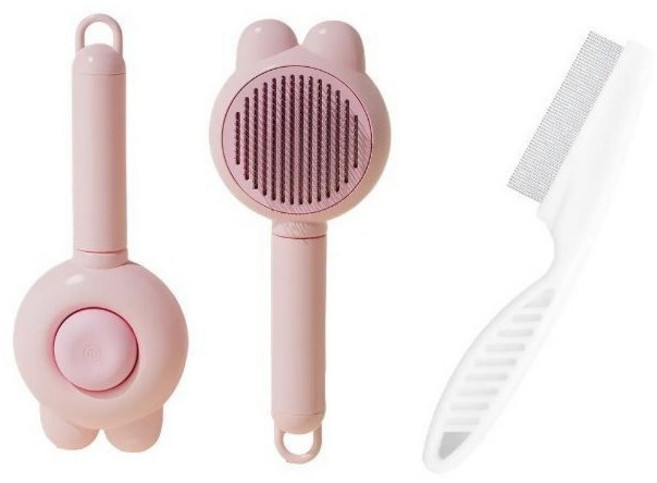 자극없는 고양이 강아지 원터치 브러쉬 눈꼽 빗 세트, 1개, 핑크